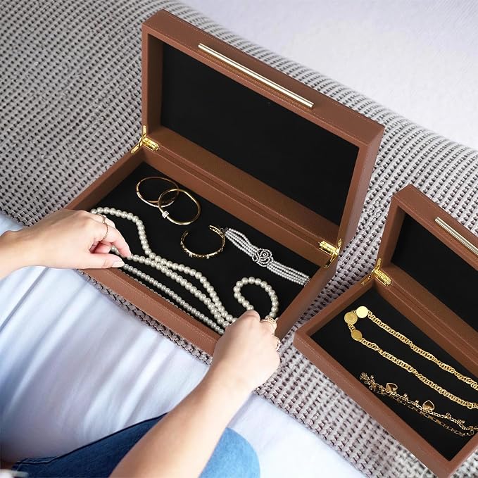 HofferRuffer Faux Leather Decorative Boxes Set of 2, Large Nesting Keepsake Box Accessory Organizer Jewelry Organizer with Hinged Lid, Stacking Storage Box Container for Home or Office (Brown)