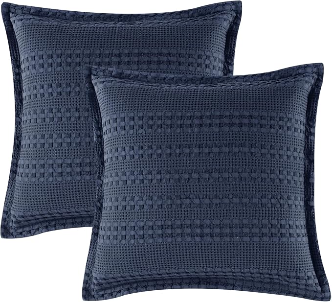 PHF 100% Cotton Ruffle Waffle Weave Euro Sham Covers, 2 Pack 26" x 26" Bed Pillow Covers for Elegant Home Decor, No Filling, Luxury Aesthetic Euro Pillow Cases for Bed, Indigo