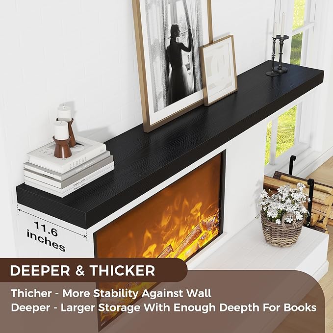 Venusmiles Floating Shelves for Wall 72 inch Long, Engineered Wood Large Wall Shelves with Invisible Brackets for Living Room Bedroom Bathroom Office Kitchen Decor and Storage, Black Finish, Set of 1