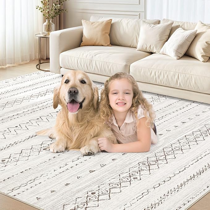 cotiled 10x14 Area Rug Living Room: Washable Boho Rugs with Non Slip Backing Large Soft Indoor Stain Resistant Carpet for Bedroom Farmhouse Dining Room Lightweight Home Decor Brown