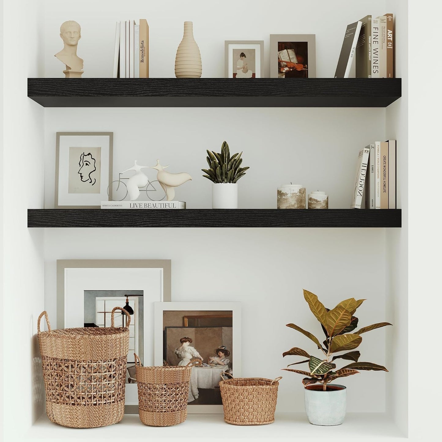 Black Floating Shelves for Wall 10 inch Deep, 36” x 10.3” x 1.8”, Large Wall Shelves for Bedroom, Bathroom, Living Room, Kitchen, Office, Modern Shelf Home Decor with Invisible Bracket