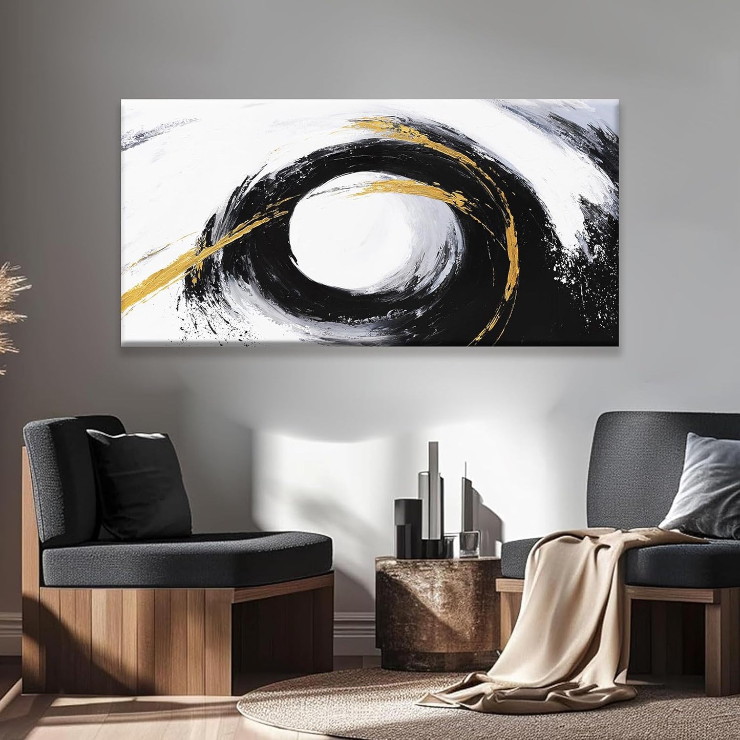 QSQ Abstract Wall Art Black And Gold Wall Art Modern Canvas Art Wall Decor Painting Artwork White Abstract Art Prints Pictures For Bedroom Office Home Decoration 20" X 40"