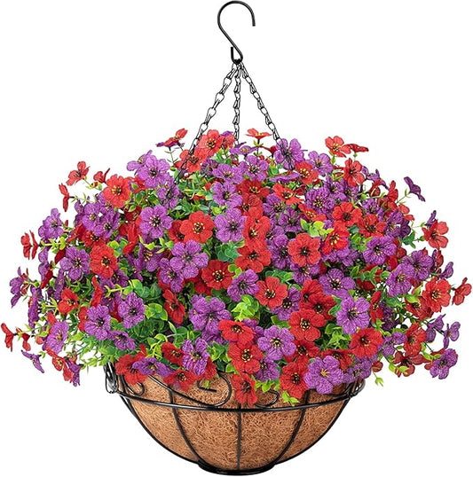 Artificial Fake Hanging Flowers Plants Basket Outdoors, Faux Silk UV Resistant Look Real Daisy Eucalyptus for Spring Summer Garden Porch Home Patio Balcony Yard Decorations, Red Purple
