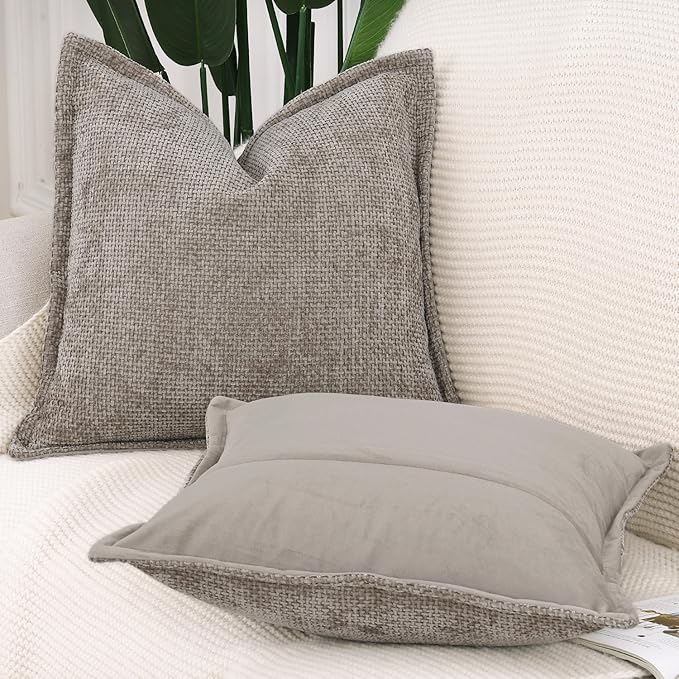 MADIZZ Decorative Chenille Velvet Throw Pillow Covers Set of 2 Soft Boho Textured Neutral Couch Throw Pillow for Bed Modern Farmhouse Home Decor for Sofa Livingroom Taupe 20x20 Inch