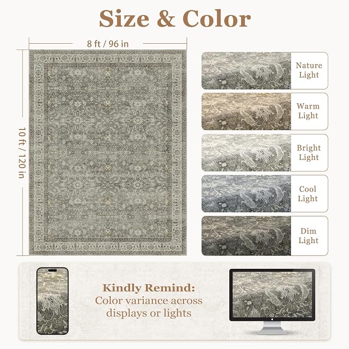 Living Room Rug 8x10 Neutral Gray, Washable Non Slip Carpet for Dining Room Low Pile Thin, Transitional Modern Faromhouse Print Area Rugs for Bedroom Home Office Playroom, Gray/Beige/Olive