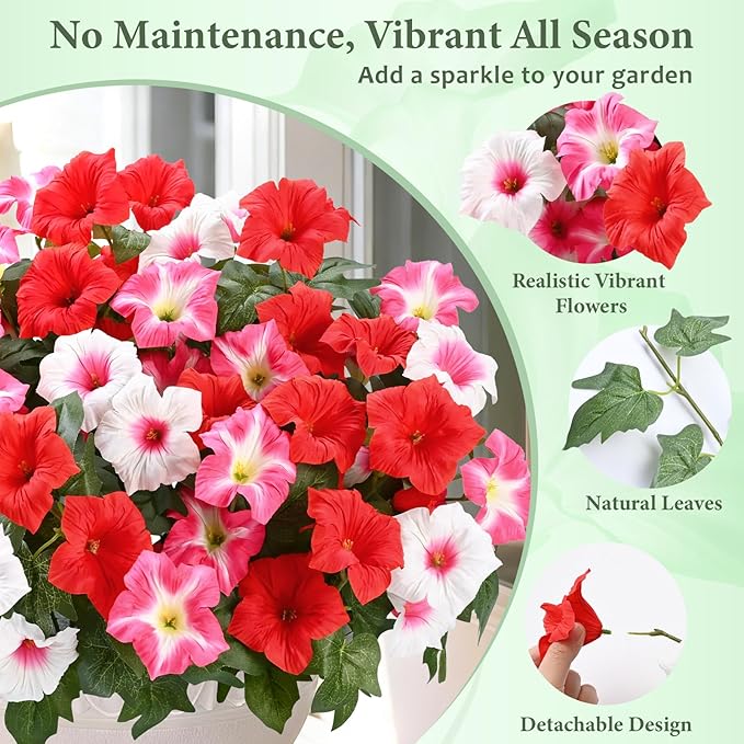 MARTINE MALL Artificial Flowers for Outdoors, 4 Bundles Realistic Fake Outdoor Flowers, UV Resistant Silk Petunia Flower for Outside Look Real Faux Flower Plants for Outdoor Porch, Red Pink White
