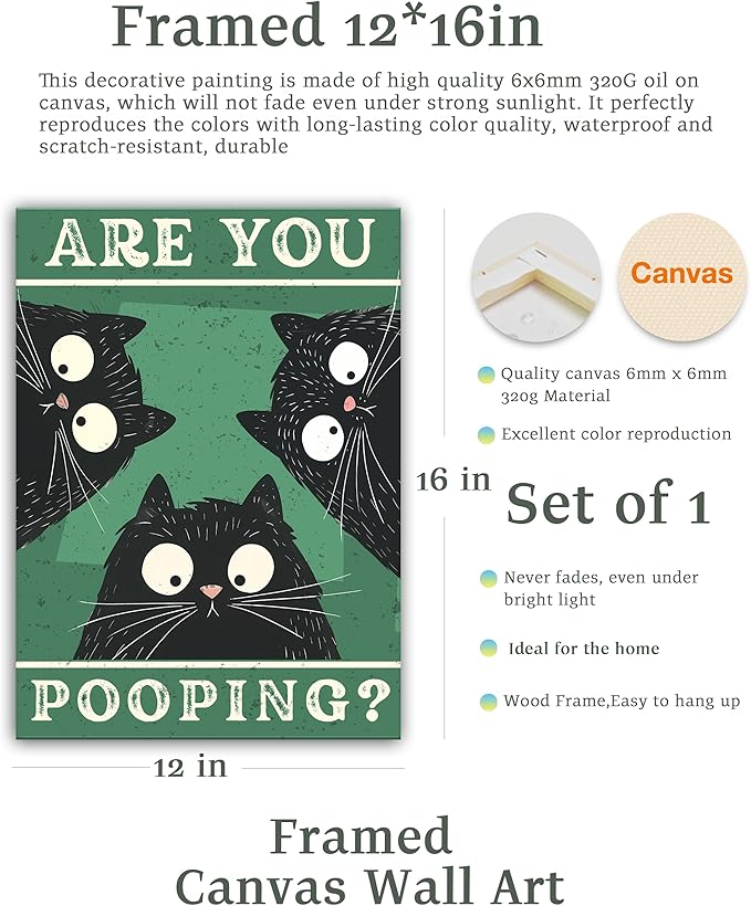 UPWOIGH Funny Are You Pooping Black Cat Bathroom Wall Art, 3 Cats Humor Quote Poster, Green Background Bathroom Decor, Wood Framed Canvas 12x16 Inch