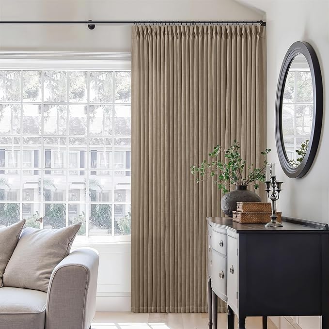 Farmhouse Light Brown Linen Curtains 112 Inches Long for Living Room Pinch Pleated Drape with Hooks Rings for Track System Light Filtering 112 Inch Curtain for Bedroom Sliding Patio Door 2 Panels