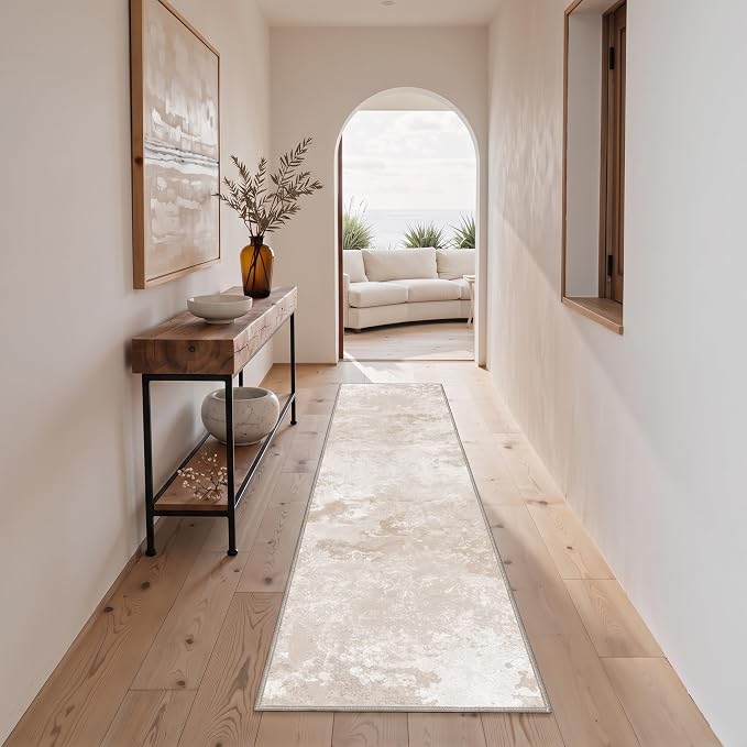 BEIMO 2X10 Runner Rug for Hallway Kitchen, Machine Washable Runners Rug for Entryway, Soft Modern Abstract Throw Rugs, Low Pile Floor Cover with Non Slip Backing, Beige White