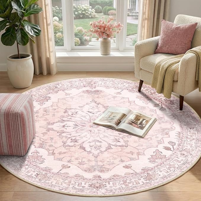RELEANY Area Rugs 4ft Washable Non-Slip, Floral Vintage Distress Print Pattern Medallion Carpet for Living Room Bedroom Dining Room, Pink Greypink Cute