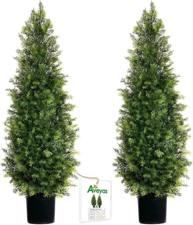 Aveyas 4ft Artificial Cedar Topiary Trees for Outdoor Front Porch Door, 4 Feet Faux Potted Plants Evergreen Fake Pine Cypress Tree for Outside Home Decor (4 ft Tall) - Set of 2 Pack