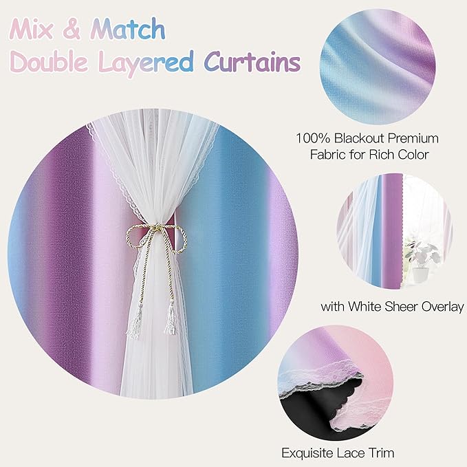XiDi Girls Rainbow Blackout Curtains for Bedroom 2 Panels 63 Inches Long Thermal Insulated Pink Purple Double Layer Curtains with Sheer Overlay for Nursery Kids Room Decor Grommet Drapes W34XL63