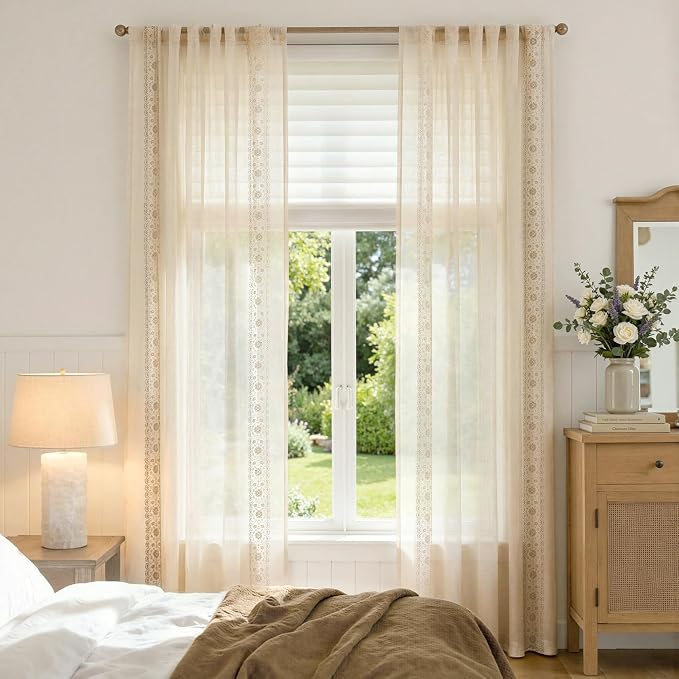 jinchan Weslie Beige Floral Sheer Curtains for Living Room 96 Inch Long Embroidered Voile Farmhouse Linen Curtains for Bedroom Ivory Flower Patterned Cottage Core Window Drapes 2 Panels Ivory on Beige