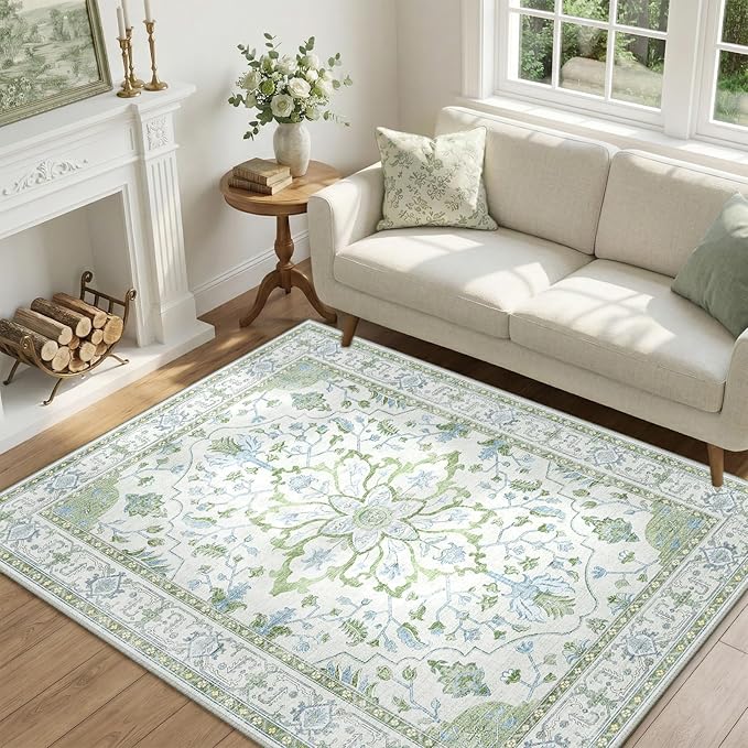 RELEANY Area Rugs 4'x6' Washable Non-Slip, Floral Vintage Distress Print Pattern Medallion Carpet for Living Room Bedroom Dining Room, Green White Blue