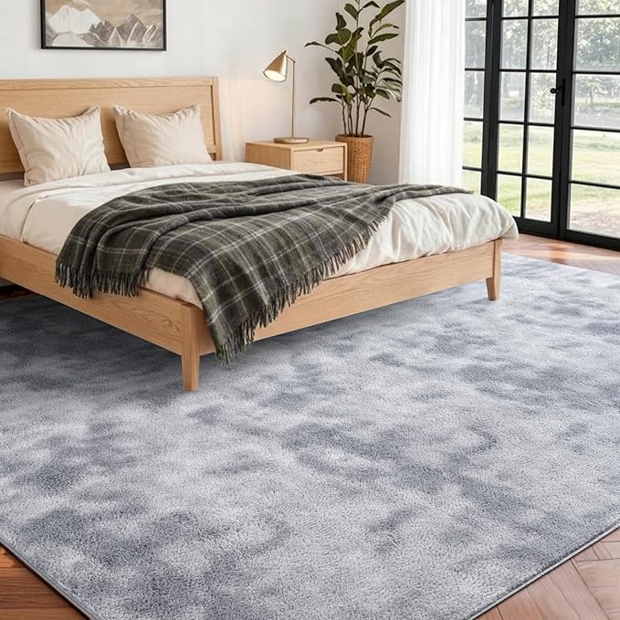 FinRèc 6x9 Washable Area Rugs for Bedroom Living Room, Low Pile Thin Ultra Soft Shag Rug, Non-Slip Carpet Indoor for Home Decor (Tie-dye Grey)