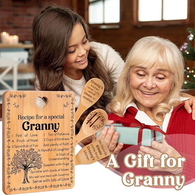 Granny Gifts - "Recipe for a Special Granny" Gifts for Granny Cutting Board Set, Bamboo-Made Engraved Utensil Set Granny Birthday Gifts from Grandchildren, Mothers Day Gifts for Granny.