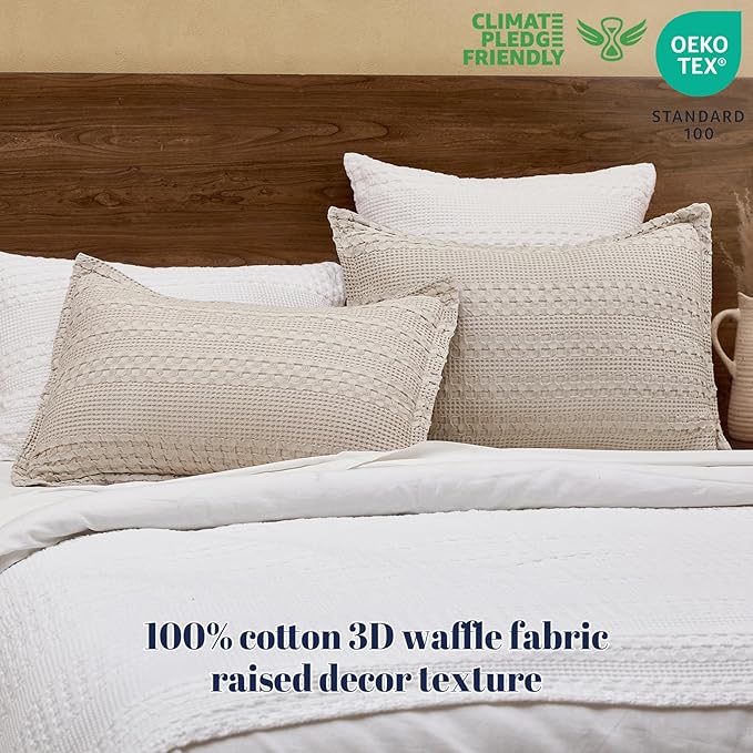 PHF 100% Cotton Ruffle Waffle Pillow Shams Standard Size, 2 Pack 20" x 26" Soft Skin-Friendly Pillowcases, No Filling, Aesthetic Home Decor, Breathable Waffle Weave Bed Pillow Covers, Oatmeal