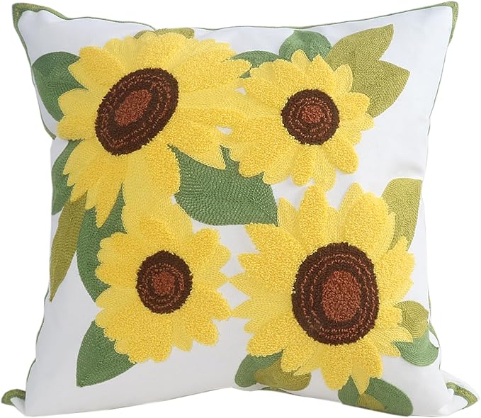 Embroidery Throw Pillow Covers 4 Sunflowers 18x18 Inch Decorative Cushion Case Floral Design 100% Cotton Home Decor Yellow Flowers 45x45cm, 1 Piece