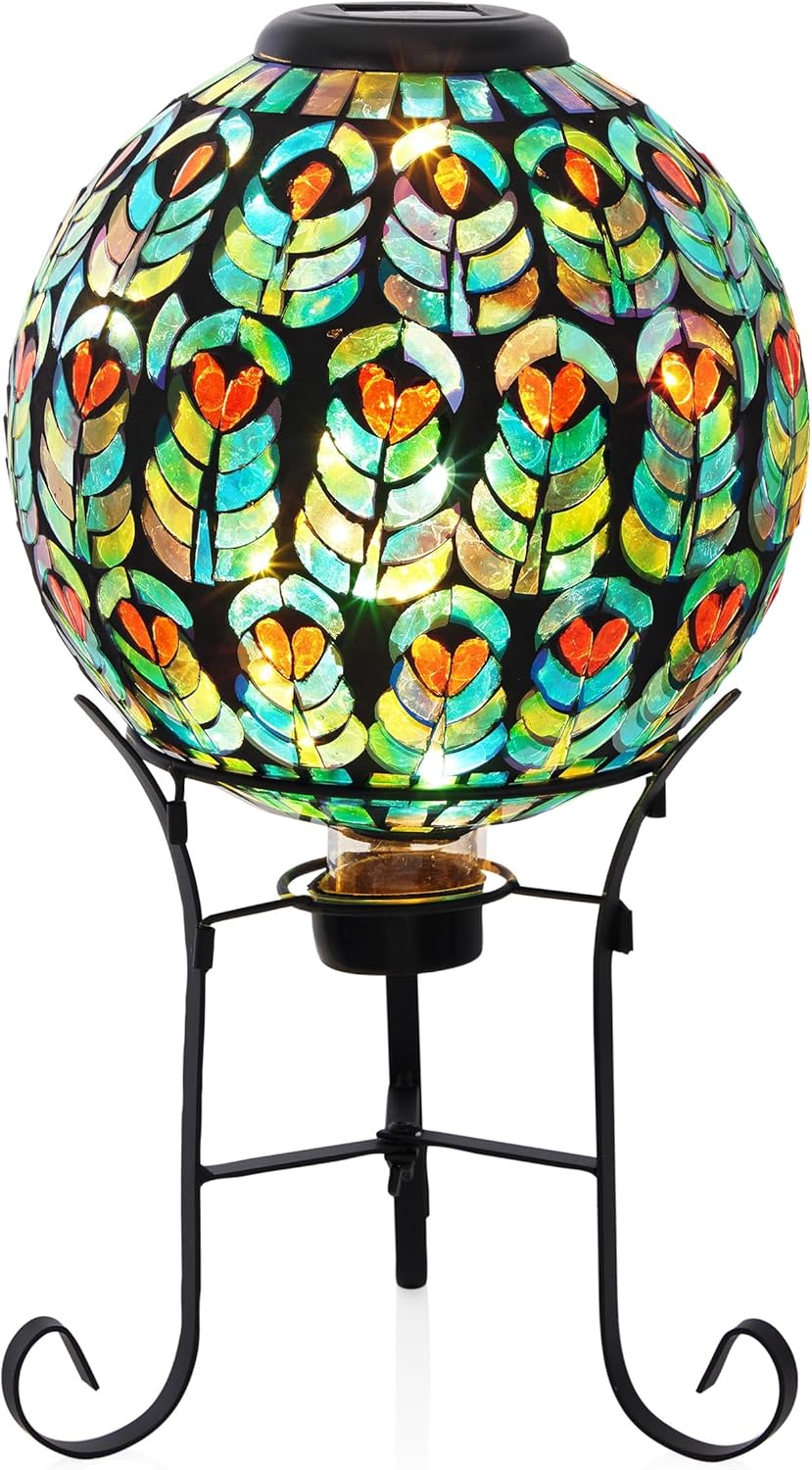 Alpine Corporation GRS926A-SLR Solar Gazing Globe w/Mosaic Peacock Feather Design & Metal Stand, Elegant Yard Art, 12" H, Multi