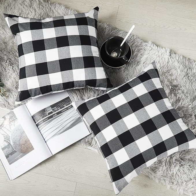 CARRIE HOME Black and White Buffalo Plaid Pillow Covers 18x18 Set of 2 Black Check Plaid Outdoor Pillow Covers 18x18 Black Throw Pillows for Farmhouse Christmas Decor