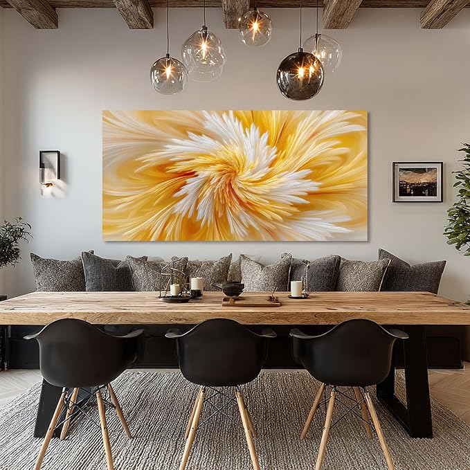 Ggaafet Yellow Abstract Wall Art for Living Room Canvas Painting Prints Warm Soft Radial Feather Art Deco Modern Artwork Office Bedroom Family Room Decor Extra Large