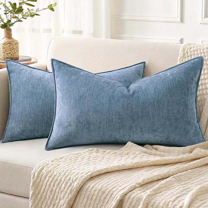 decorUhome Summer Couch Throw Pillow Covers 12x20 Set of 2, Decorative Soft Velvet Modern Cozy Chenille Lumbar Pillow Cases with Elegant Design for Sofa Bed Living Room Home Decor, Blue Grey