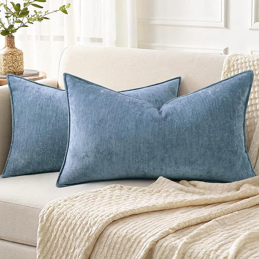 decorUhome Summer Couch Throw Pillow Covers 12x20 Set of 2, Decorative Soft Velvet Modern Cozy Chenille Lumbar Pillow Cases with Elegant Design for Sofa Bed Living Room Home Decor, Blue Grey