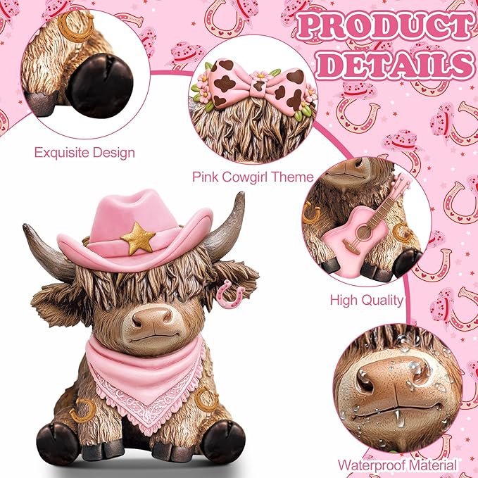 Wesiti 2 Pcs Cowgirl Highland Cow Figurines, Western Farmhouse Resin Cow Statues with Pink Cowboy Hat, Guitar and Bow, Christmas Cute Calf Lovers Gifts Ornaments for Home Shelf Holiday Decor
