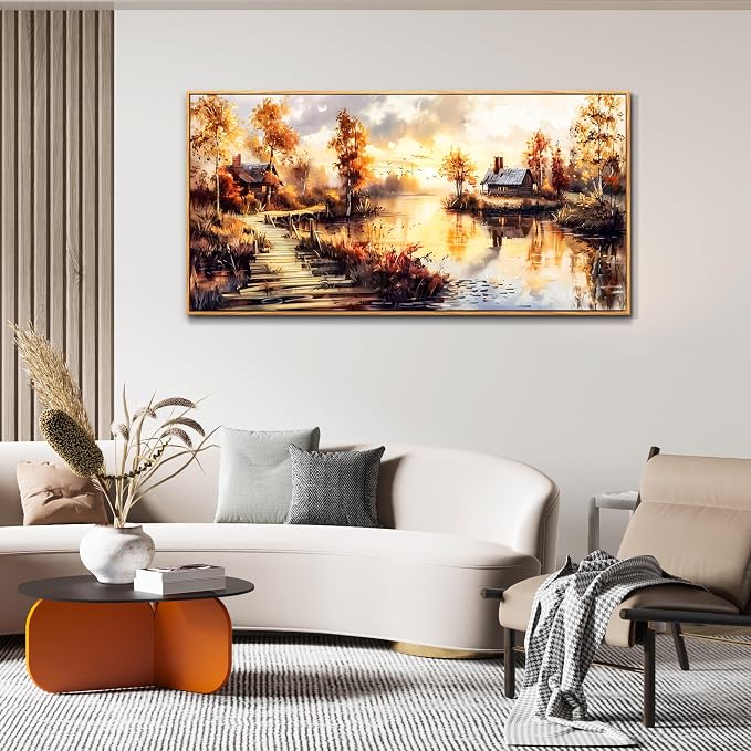 XIGUANGART Framed Vintage Wall Art, Cottage Trees Garden Landscape Pictures Wall Decor Paintings, Rustic Farmhouse Canvas Prints Aesthetic Home Decor for Living Room Bedroom Bathroom 24x48 inch