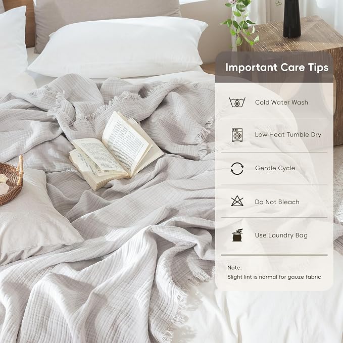 MooMee Muslin Blanket - 100% Cotton 4-Layer Gauze Throw Blanket with All-Around Fringe, Soft Breathable Lightweight Cooling Summer Blankets for Bed Couch (Light Grey,Throw 60" x 50")