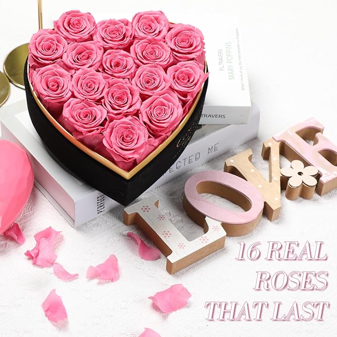 Casaido Preserved Roses Flowers for Delivery 16 Pcs, Mothers Day Rose Gifts for Her, Forever Flores in Heart Box with Necklace, Anniversary Birthday Christmas Vanlentines Gift for Wife Mom, Pink
