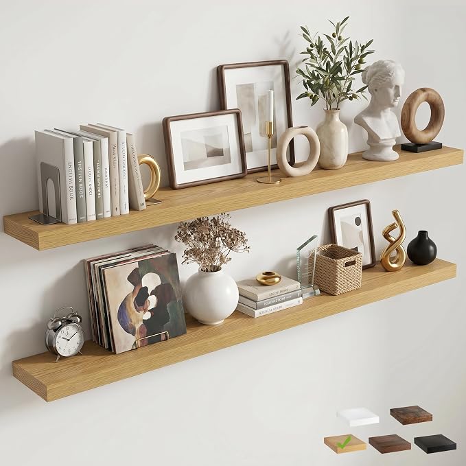 72 Inch Floating Shelves for Wall, 8"D Wood Storage Shelves, Oak Finish | Engineered Wood, Invisible Bracket, Large Storage, Easy Install, Hold Up to 99lbs, Living Room, Bathroom, Bedroom, Kitchen