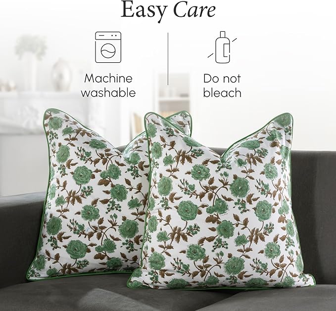 CPC 100% Cotton Throw Pillow Covers 20x20 Inch, Set of 2 Green Block Print Pattern Couch Pillow, Cute Boho Decorative Pillows for Living Room, Bedroom with Hidden Zipper- Moss Green
