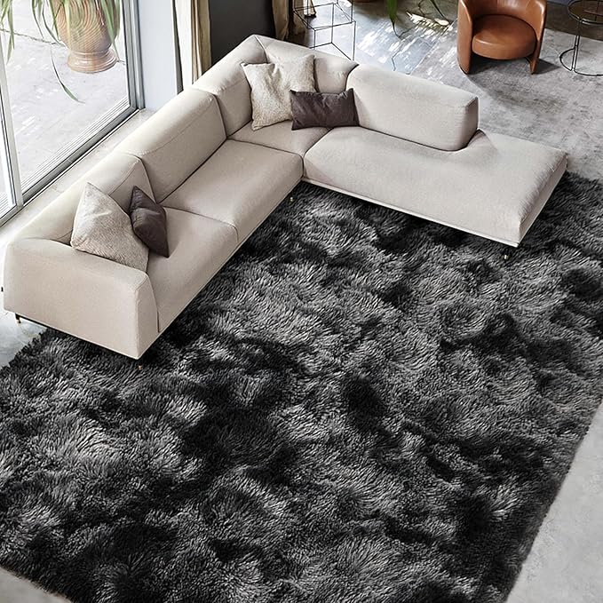 FinRèc 9x12 Feet Rugs for Living Room Bedroom, Soft Dark Grey Fluffy Area Rug, Non-Slip Solid Shag Rug for Nursery Kids Room Dorm Room Home Decor, Indoor Floor Carpet