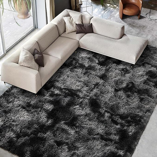 FinRèc 9x12 Feet Rugs for Living Room Bedroom, Soft Dark Grey Fluffy Area Rug, Non-Slip Solid Shag Rug for Nursery Kids Room Dorm Room Home Decor, Indoor Floor Carpet