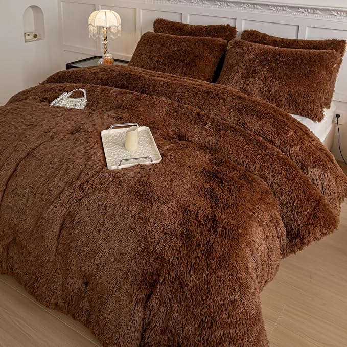 chovy Faux Fur Plush Coffee Comforter Sets King - Ultra Soft Shaggy Flannel Velvet Fluffy Fuzzy 3PC Bedding Set （Comforter x 1 Pillowcases x 2）