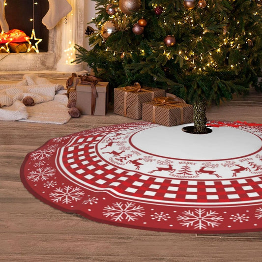 Christmas Tree Skirt, Red Tree Skirts 48 Inch with Snowflake Reindeer Rustic Farmhouse Xmas Tree Skirt Christmas Decorations for Holiday Party Decor Indoor Outdoor