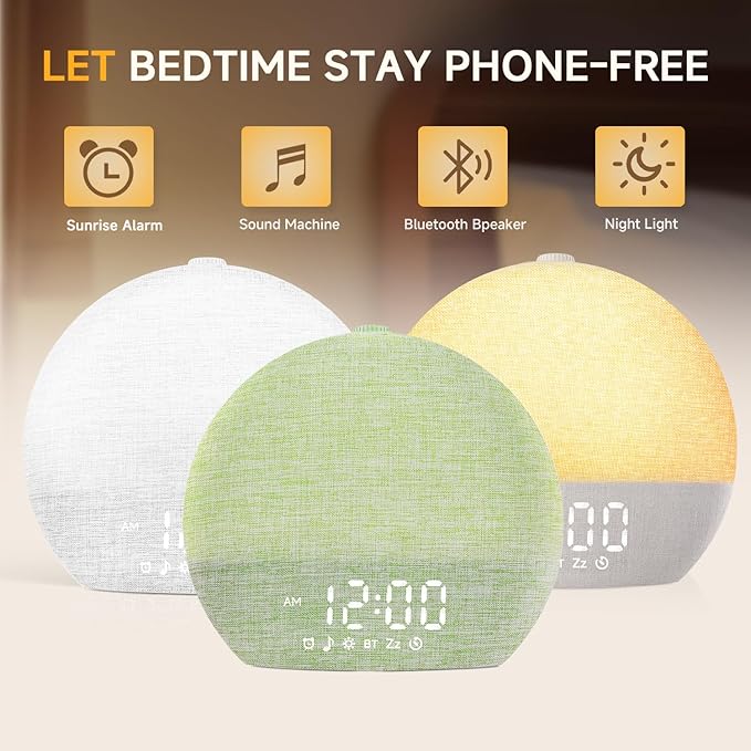 Geuuap Sunrise Alarm Clock White Noise Sound Machine for Bedroom | Natural Wake-Up Light with 30 Soothing Sleep Aids, Bluetooth Speaker, Dimmable Clock, Screen-Free Design for Baby Kids-Matcha Green