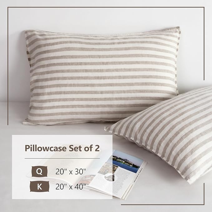 Linen World Striped Linen Pillow Cases Set of 2,20"x40" King Size,100% French Natural Flax Soft Pillowcases,Natural Stripe