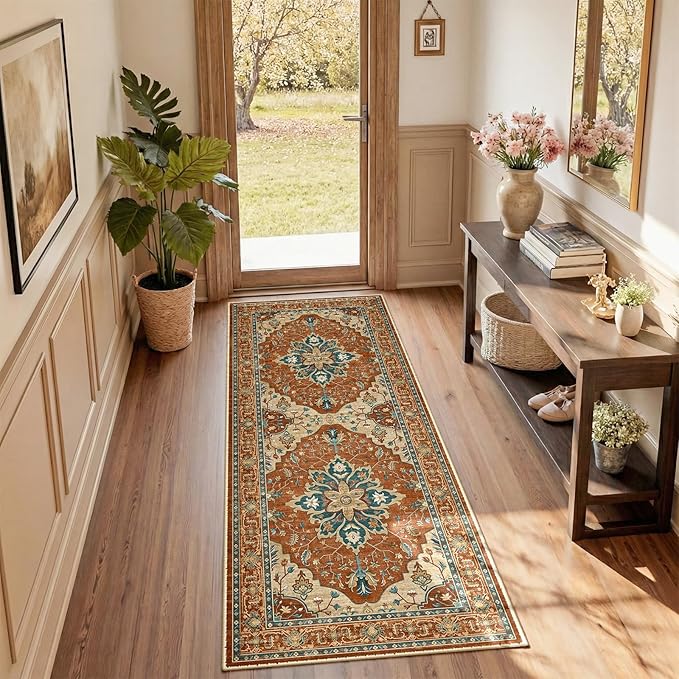 RELEANY Area Rugs 2'x6' Runner Rug Non Slip Washable for Kitchen Hallway Bedroom Beside Laundry Room Bathroom Rug, Floor Carpet, Red Orange Blue Brown