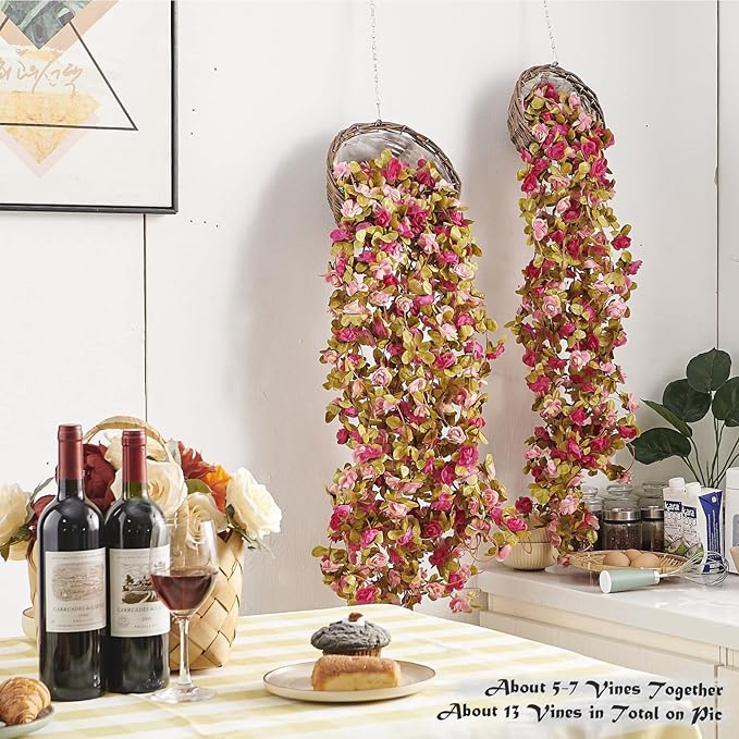 PONKING 8 Pcs x 8.2 ft Flower Garland Artificial Rose Vine Flowers with Green Leaves Hanging Fake Roses Vine for Room Party Home Wedding Birthday Christmas Wall Arch Decor, Fall Purple Flower