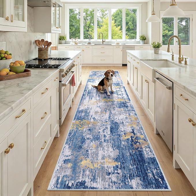 RELEANY Washable Area Rugs 2'6''x10 Non-Slip Modern Abstract Soft for Living Room Entryway Bedroom Nursery, Print Pattern, Grey Blue Gold/Golden