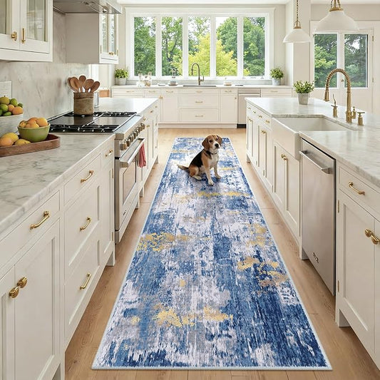 RELEANY Washable Area Rugs 2'6''x10 Non-Slip Modern Abstract Soft for Living Room Entryway Bedroom Nursery, Print Pattern, Grey Blue Gold/Golden
