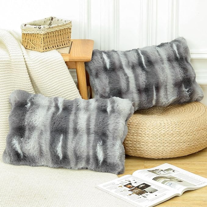 MADIZZ Pack of 2 Thick Plush Faux Wool Throw Pillow Covers Soft Boho Throw Pillows Luxurious Cushion Covers for Couch Sofa Bedroom Living Room Home Decor 12x20 Inch Dark Grey