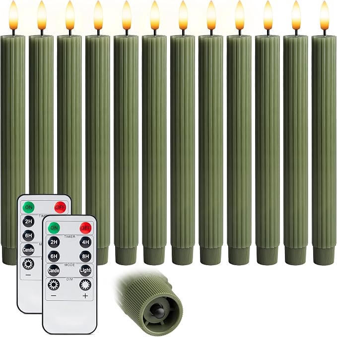 12 Pack, 10" LED Flameless Real Wax Sage Olive Loden Green Fluted Ribbed Grooved Taper Candles, Remote & 24h Timer Memory, On/Off Button, Dimmable, Flicker Mode, Battery Operated, Wedding