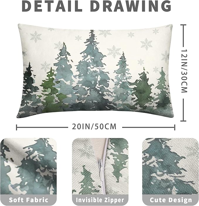 Watercolor Pine Tree Lumbar Pillow Covers 12x20 Winter Rustic Nature Forest Rectangle Pillow Covers Set of 2 Green Forest Woodland Cotton Linen Cushion Case for Couch Outdoor Living Room