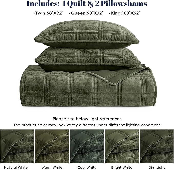 PHF Ultra Soft Velvet Quilt Set Queen Size – 3PCS Luxurious Cozy Quilted Comforter Alternative with Diamond Pattern, Warm Quilted Bedspread Coverlet, 90" x 92", Smokey Olive