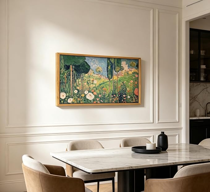 Large Wood Framed Horizontal Botanical Wall Art,Green Spring Garden Canvas Print,Vintage plant Floral Landscape Picture Poster,Natural scenery Painting Artwork for Bedroom Living Room Office