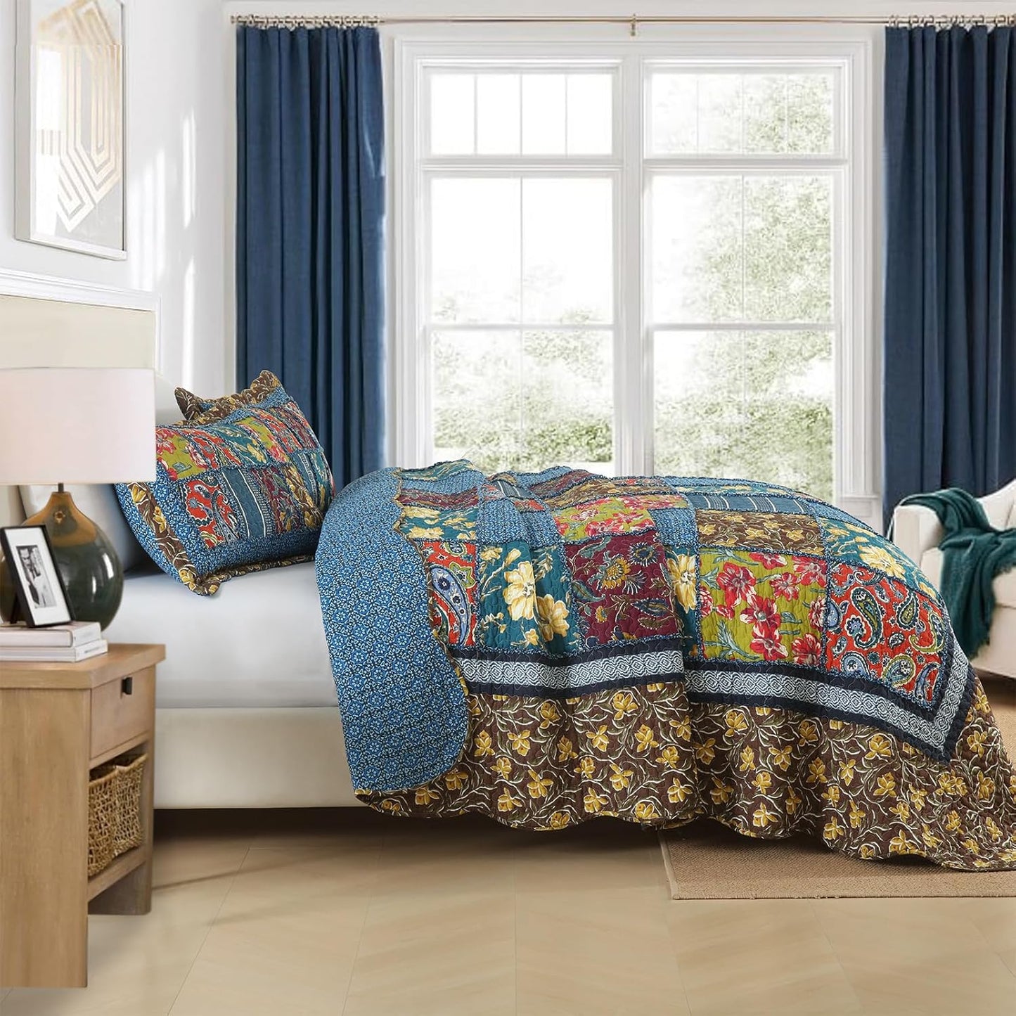 Yvooxny Queen Quilt Set Reversible Paisley Queen Size Quilted Bedspread Coverlet Set Country Farmhouse Cottage Quilted Bedding Set with Pillowcases for All Seasons, Queen Size, 98 * 90 Inches