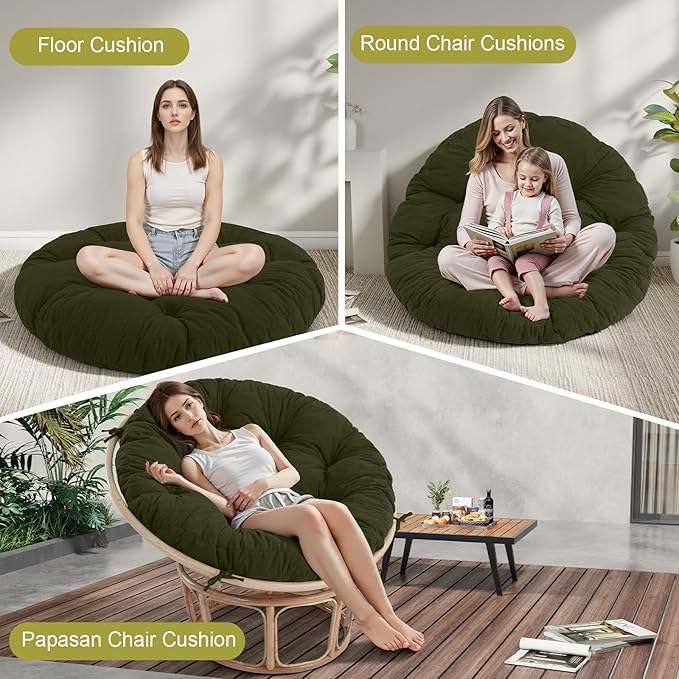 idee-home Papasan Chair Cushion, Circle Papasan Chair Cushion(Cushion Only) | Papasan Cushion with Thick Corduroy Cover, 48 x 48 Inch Cushion for Egg Chair, Green